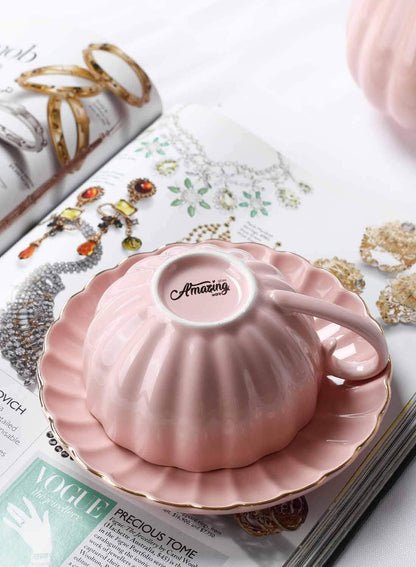Royal Tea Cups and Saucers, with Gold Trim and Gift Box, British Coffee Cups, Porcelain Tea Set, Set of 6 (8 oz)- Pink