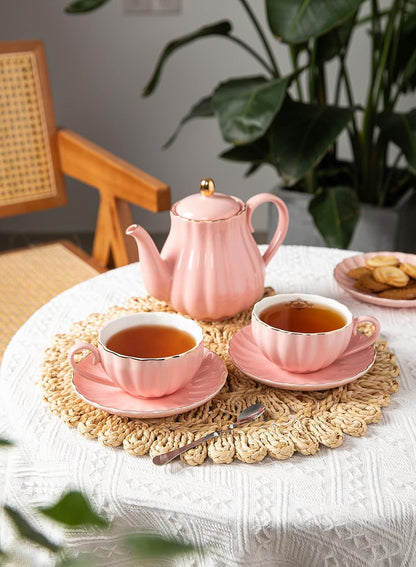 Royal Tea Cups and Saucers, with Gold Trim and Gift Box, British Coffee Cups, Porcelain Tea Set, Set of 6 (8 oz)- Pink