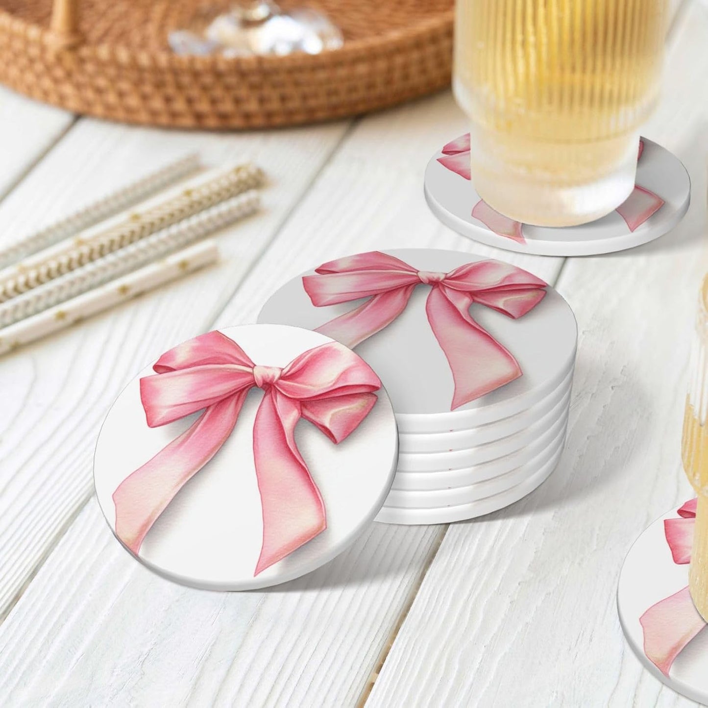 Watercolor Light Pastel Pink Ribbon Bow Ceramic Coasters with Holder Set of 6 Coffee Cup Drink Coasters