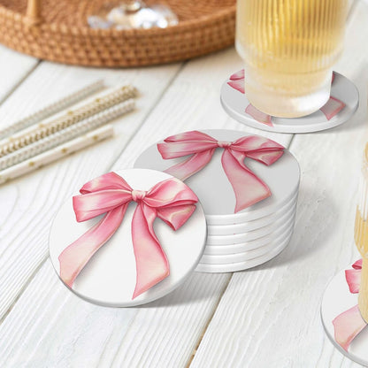 Watercolor Light Pastel Pink Ribbon Bow Ceramic Coasters with Holder Set of 6 Coffee Cup Drink Coasters