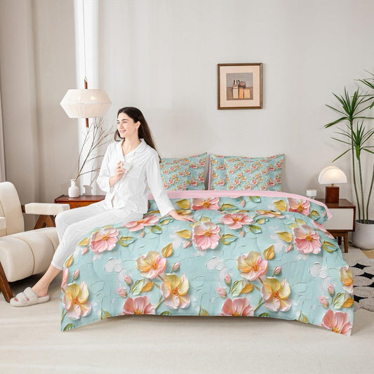 Pink Flower Comforter Set 7 Piece Bed in a Bag Twin, Spring Peach Blossom Water Color Bedding Sets Green Leaves Plant Comforter and Sheet Set, Garden Botanical Daisy Bed Set, Cute Room Decor Aesthetic