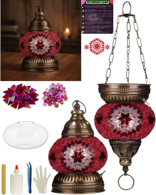 DEMMEX DIY Turkish Mosaic Lantern Kit – Beginner-Friendly Tiffany Glass Craft Project for Adults & Teens, Brass Finish, Battery Operated, Convertible Tabletop or Hanging Lantern (Pink)