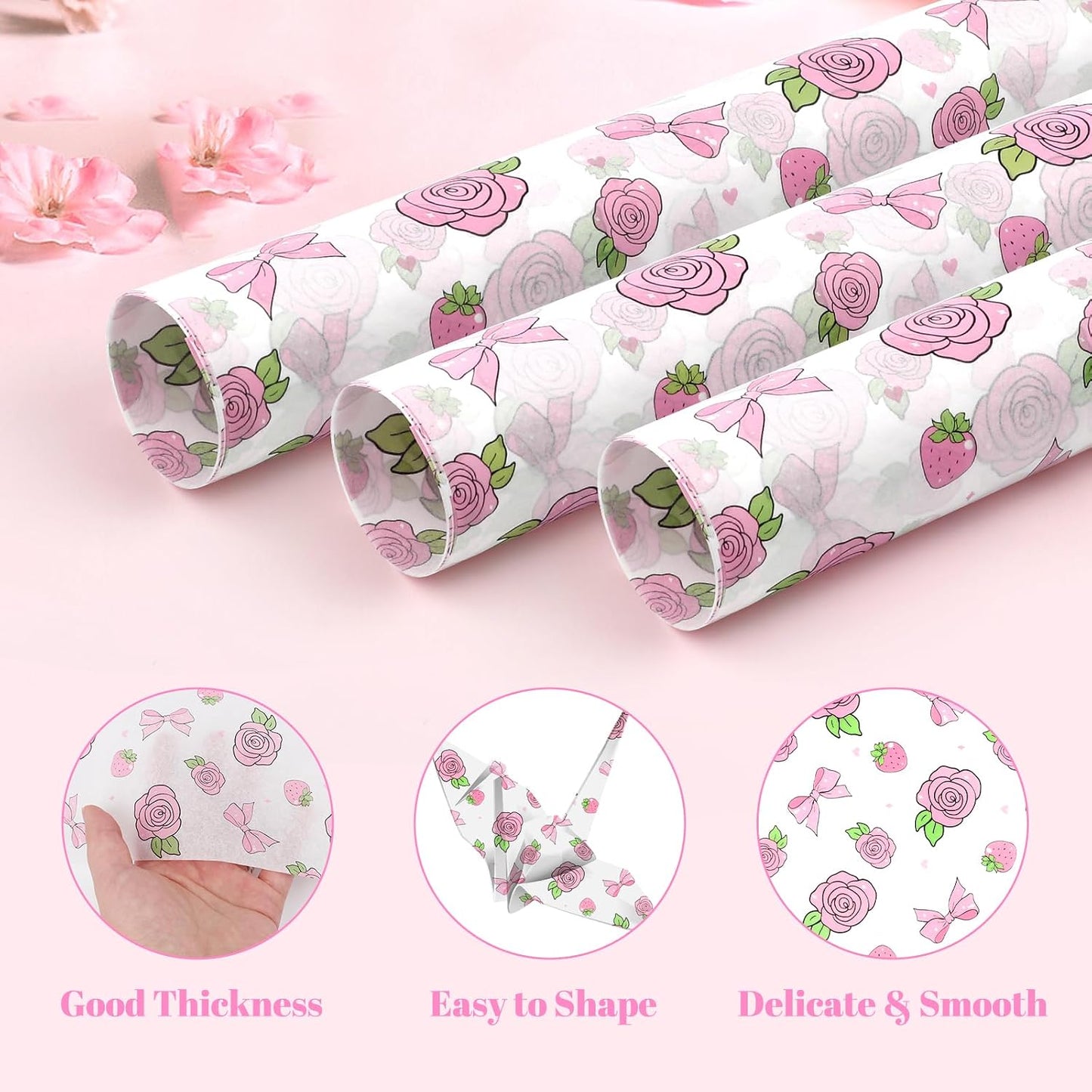 60 Sheets Gift Wrapping Tissue Paper Bulk, Pink Rose Bow Tissue Paper for Gift Bags, Decorative Art Papers for DIY Crafts Valentines Day Wedding Baby Showers Party Decor, 20x14 Inches