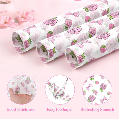 60 Sheets Gift Wrapping Tissue Paper Bulk, Pink Rose Bow Tissue Paper for Gift Bags, Decorative Art Papers for DIY Crafts Valentines Day Wedding Baby Showers Party Decor, 20x14 Inches