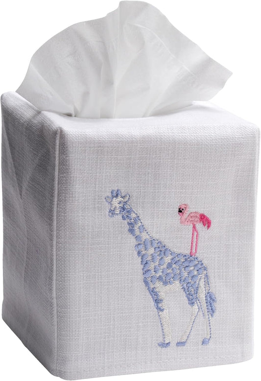 Jacaranda Living Decorative Nursery Tissue Box Cover – Soft Linen Cotton Square Tissue Holder for Baby Nursery, Kids Bathroom & Child’s Room Décor, Blue Giraffe & Pink Flamingo Embroidery