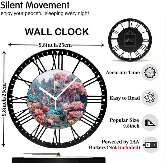 Metal Wall Clock for Living Room -10" Deer Among Pink Trees Coral Stream Silent Non Ticking,Battery Operated, Antique Clocks for Farmhouse,Bedroom,Kitchen - Rome Numerals