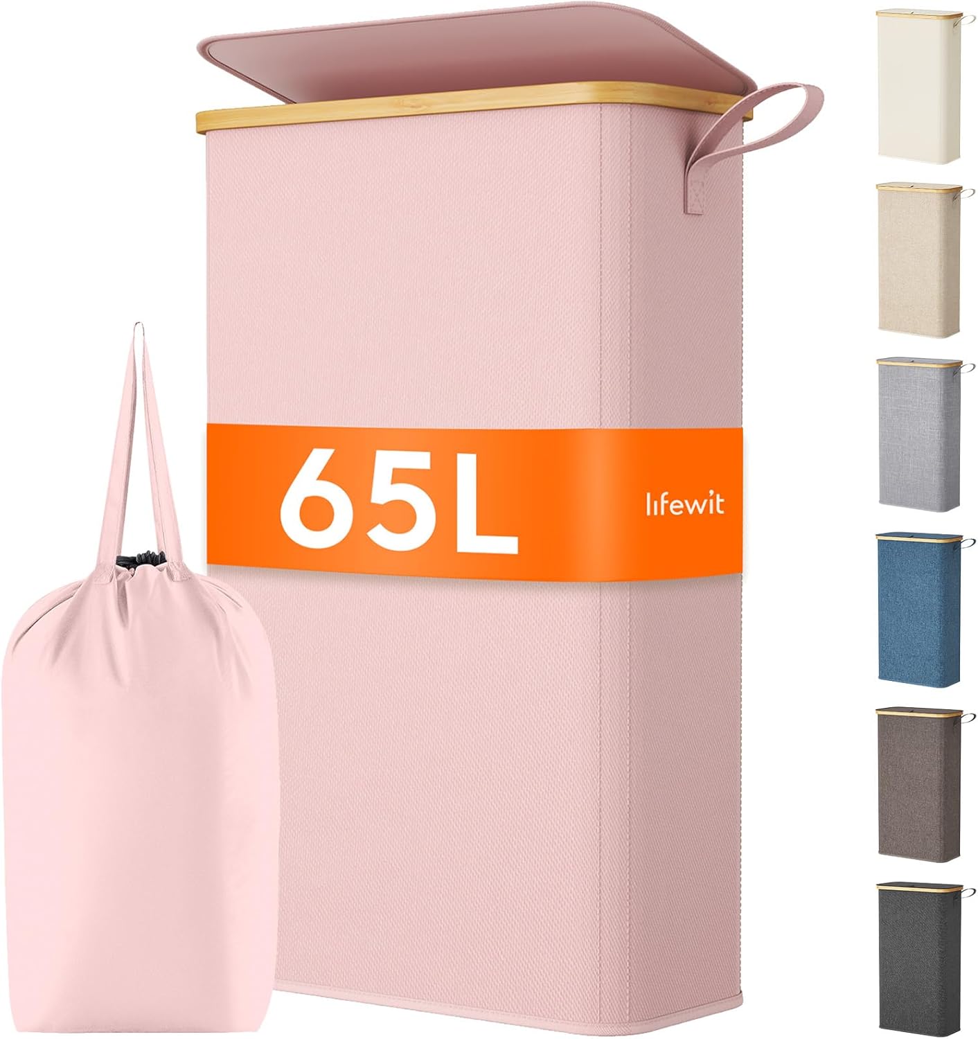 Lifewit 65L Slim Laundry Hamper with Lid, Narrow Laundry Basket with Removable Bag & Bamboo Handles, Fodable Thin Dirty Clothes Hamper for Laundry Collapsible Bin for Bathroom Bedroom Dorm, Pink