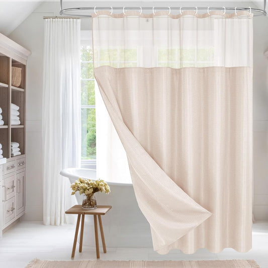 MitoVilla Pink Waffle Shower Curtain with Snap-in Liner, Modern Waffle Weave Fabric Shower Curtain for Luxury Hotel & Spa Bathroom Decor, 72 x 72, Blush Pink