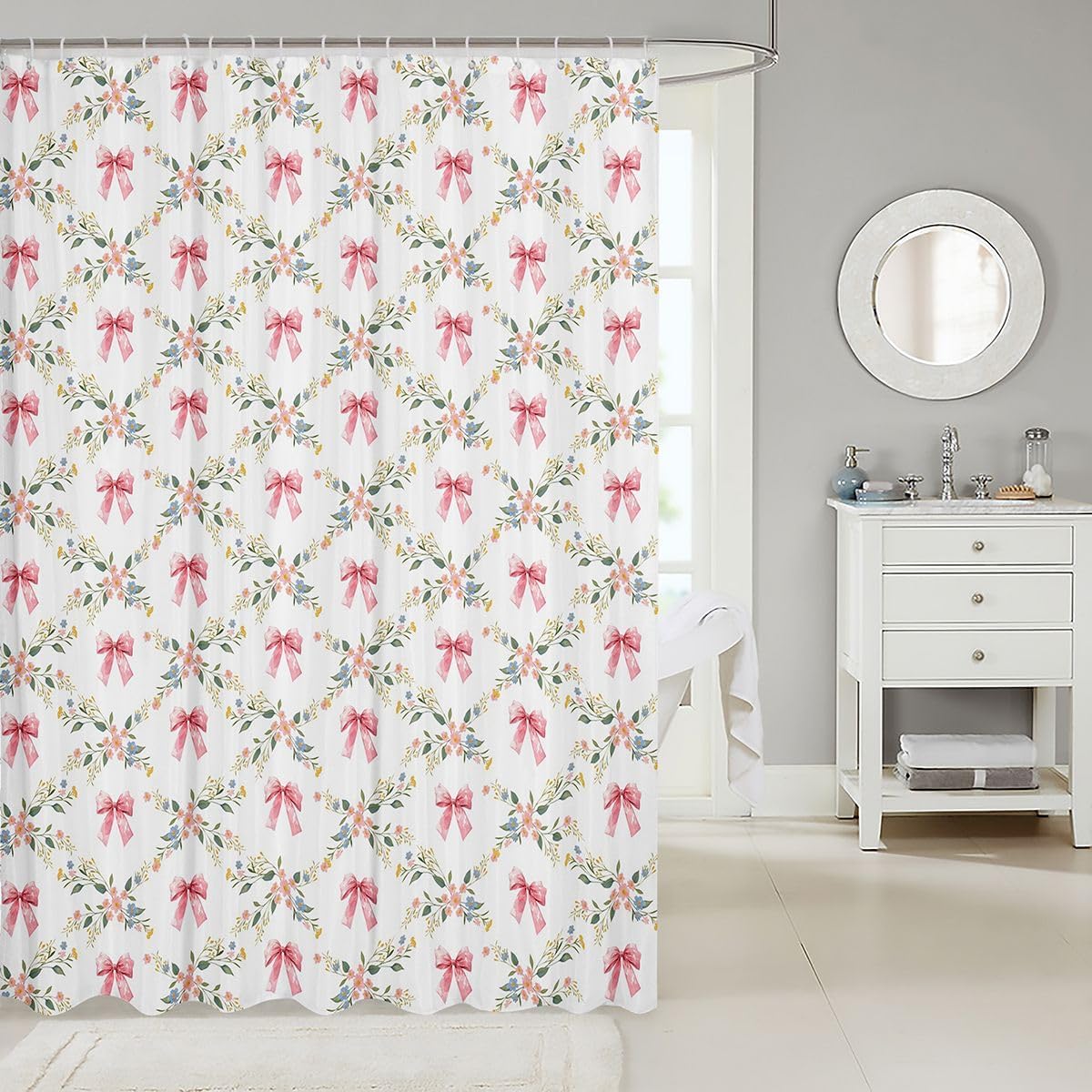 Erosebridal Pink Bow Shower Curtain | Garden Abstract Blooming Bathroom Shower Curtain Sets Coquette Bow Waterproof Bathroom Curtains Dreamy Princess Style Bath Curtain 72" Wx72 L