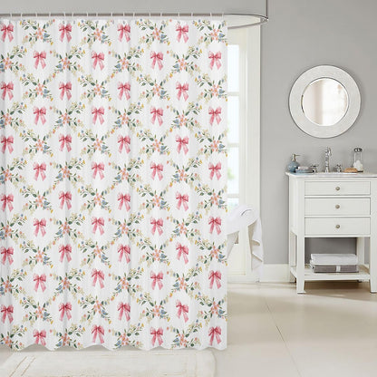 Erosebridal Pink Bow Shower Curtain | Garden Abstract Blooming Bathroom Shower Curtain Sets Coquette Bow Waterproof Bathroom Curtains Dreamy Princess Style Bath Curtain 72" Wx72 L