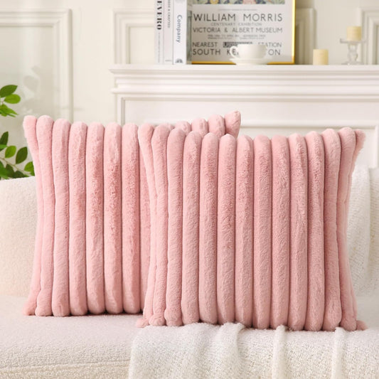 Decorative Throw Pillow with Inserts, Set of 2 Soft Faux Fur Throw Pillows, Square Boho Striped Pillow for Couch, Bed, Sofa Decor (Pink, 18" x 18"(Pack of 2))