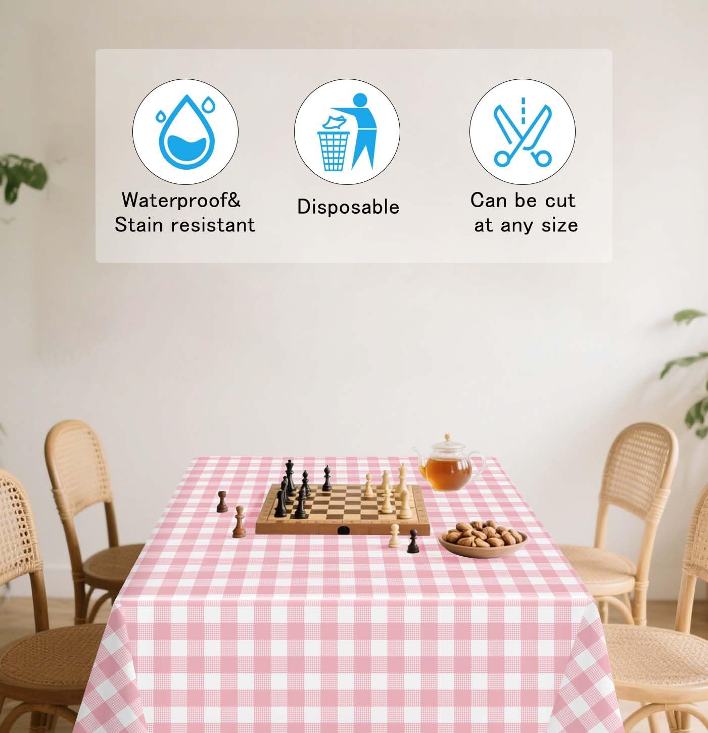 HEIPINIUYE 2 Pack Pink Gingham Tablecloth Disposable 54 x 108 Inch Pink and White Plaid Plastic Table Cloth Disposable Rectangle Table Cover for Party Birthday Picnic Checkered Tablecloths