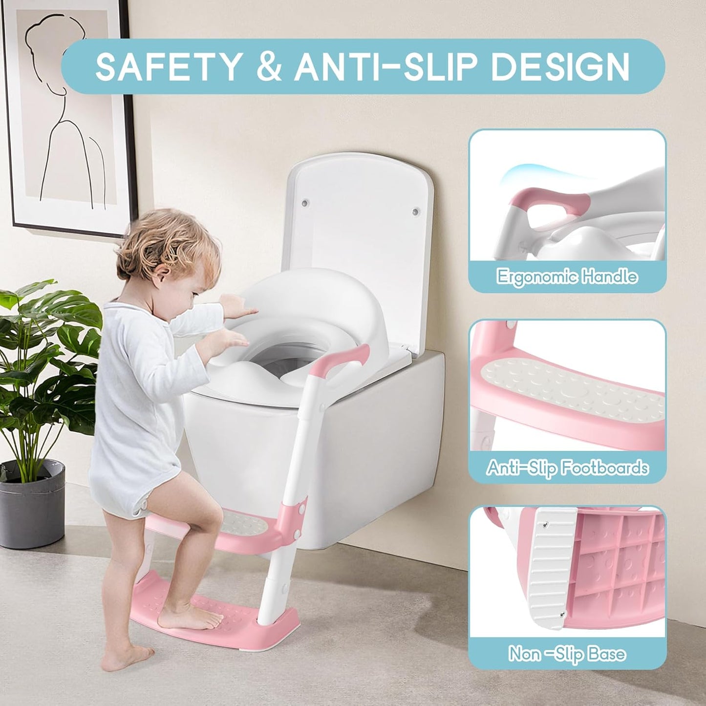 COOSEYA Potty Training Toilet with Step Stool Ladder, Toddler Kids Potty Training Seat for Boys Girls, Foldable Non-Slip Toilet Toddler Seat Splash Guard Soft Cushion Safety Handles (Pink)