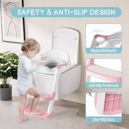 COOSEYA Potty Training Toilet with Step Stool Ladder, Toddler Kids Potty Training Seat for Boys Girls, Foldable Non-Slip Toilet Toddler Seat Splash Guard Soft Cushion Safety Handles (Pink)