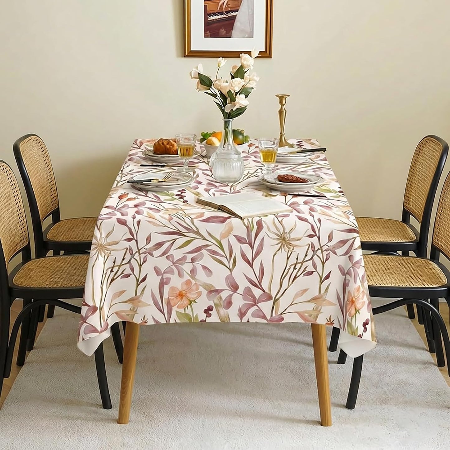 Floral Linen Texture Tablecloth, 60 x 60 Inch, Watercolor Print | Stain & Spill Resistant, Wrinkle Resistant, Reinforced Hem Stitching, Washable Polyester, Fade Resistant Print