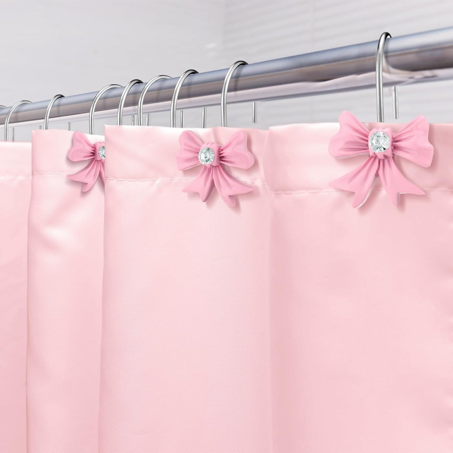 CroBlissful 12 Pcs Pink Bow Decorative Shower Curtain Hooks Bow Shower Curtain Stainless Steel Resin Knot Hooks Bulk Decorative for Home Bathroom Decor Supplies