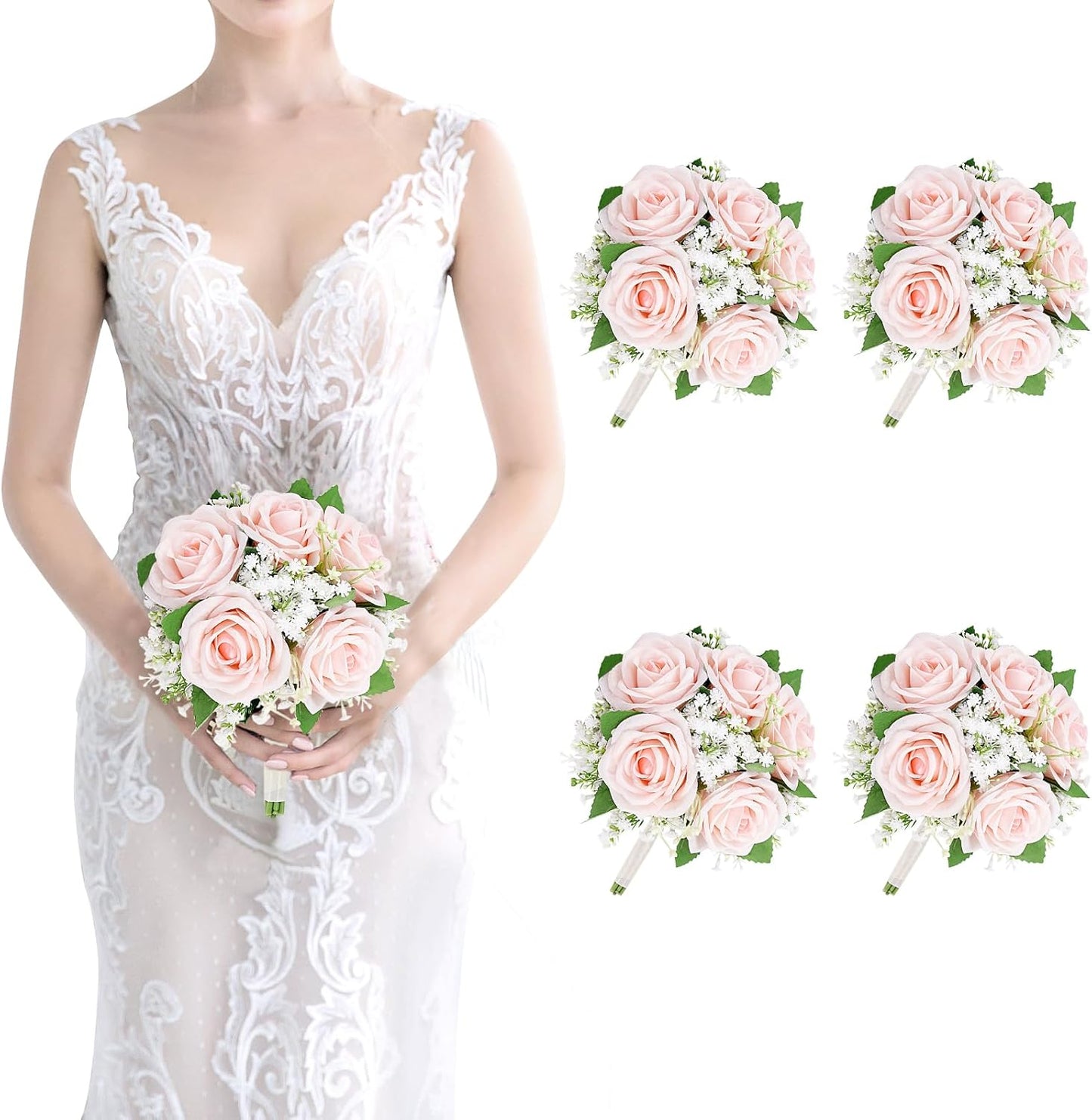 Set of 4 Wedding Bridesmaid Bouquet -7 Inch Artificial Rose & Babys Breath Bouquets for Bridesmaid, Pre-Made Wedding Silk Flowers Bouquet, Small Bridesmaids Bouquet Sets -Peach Pink
