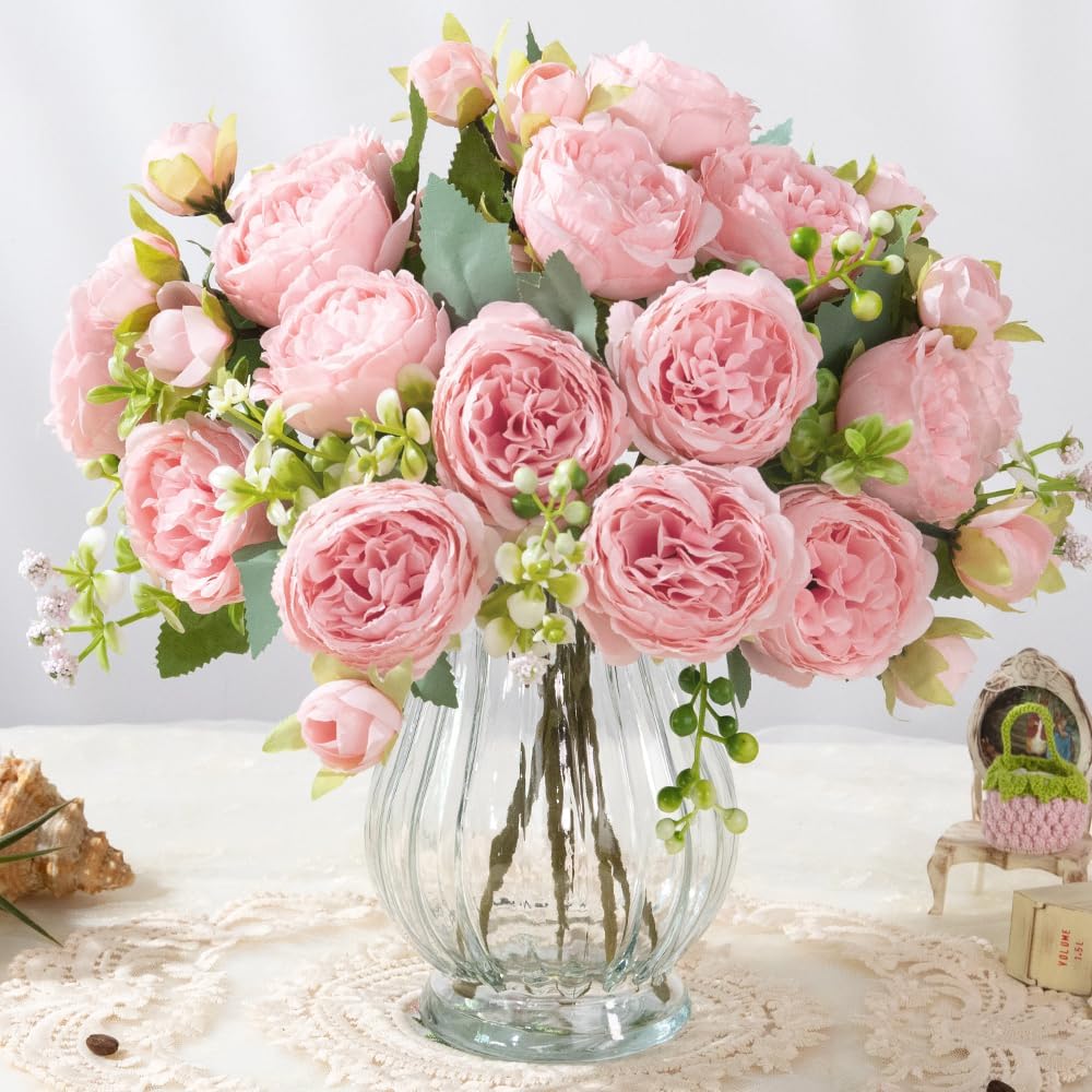 Artificial Peonies Silk Flowers in Glass Vase Faux Flowers Bouquets Modern Penoy Arrangement 4 Pack for Home Decoration Table Centerpiece (Pink)