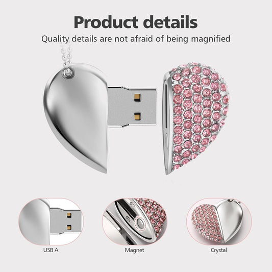 USB 2.0 Flash Drive,Cute Romantic Heart Shape USB Memory Stick,Thumb Drive for Photos, Music, Files Storage (Pink, 32, GB)