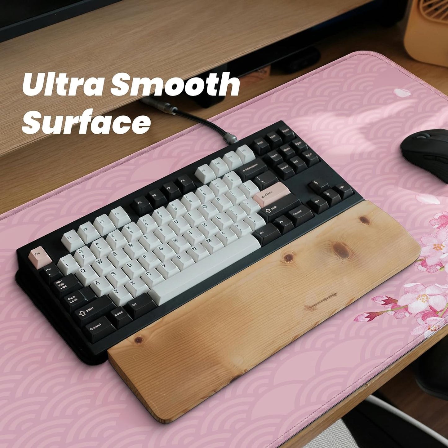 Gaming Mouse Pad with Anti-Slip Rubber Base, Extended Large Computer Mouse Mat with Stitched Edges, Long XL Anime Mousepad for Laptop and Keyboard, 31.5 x 11.8 inch (Pink Cherry Blossom)