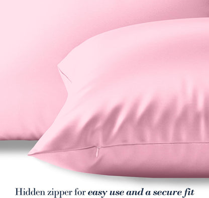 Mocassi Premium Set of 2 Satin Pillowcases with Hidded Zipper - Wrinkle Free, Smooth and Cooling Luxurious Satin Silky Pack of 2 Ultra Soft Pillow Covers, Standard/Queen, Light Pink