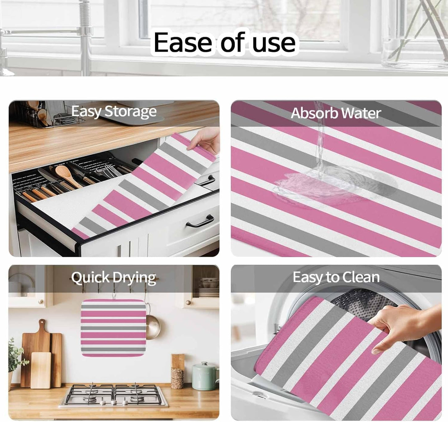 Dish Drying Mat Pink Grey and White Stripes Kitchen Counter Drying Pad for Dishes Glasses Cups and Cookware Farmhouse Stripe Absorbent Dish Drying Mat Machine Washable Kitchen Accessories 16" x 18"