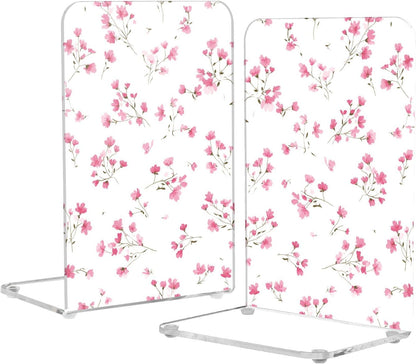 Light Pink Small Floral 2 Bookends Book Ends for Shelves Heavy Books Stopper Decorative Acrylic Non-Slip 1 Pair