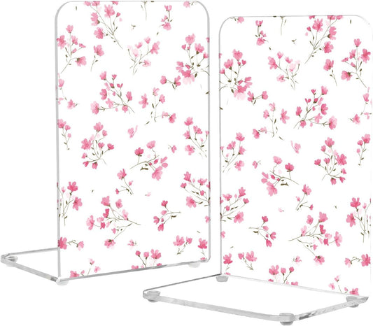 Light Pink Small Floral 2 Bookends Book Ends for Shelves Heavy Books Stopper Decorative Acrylic Non-Slip 1 Pair