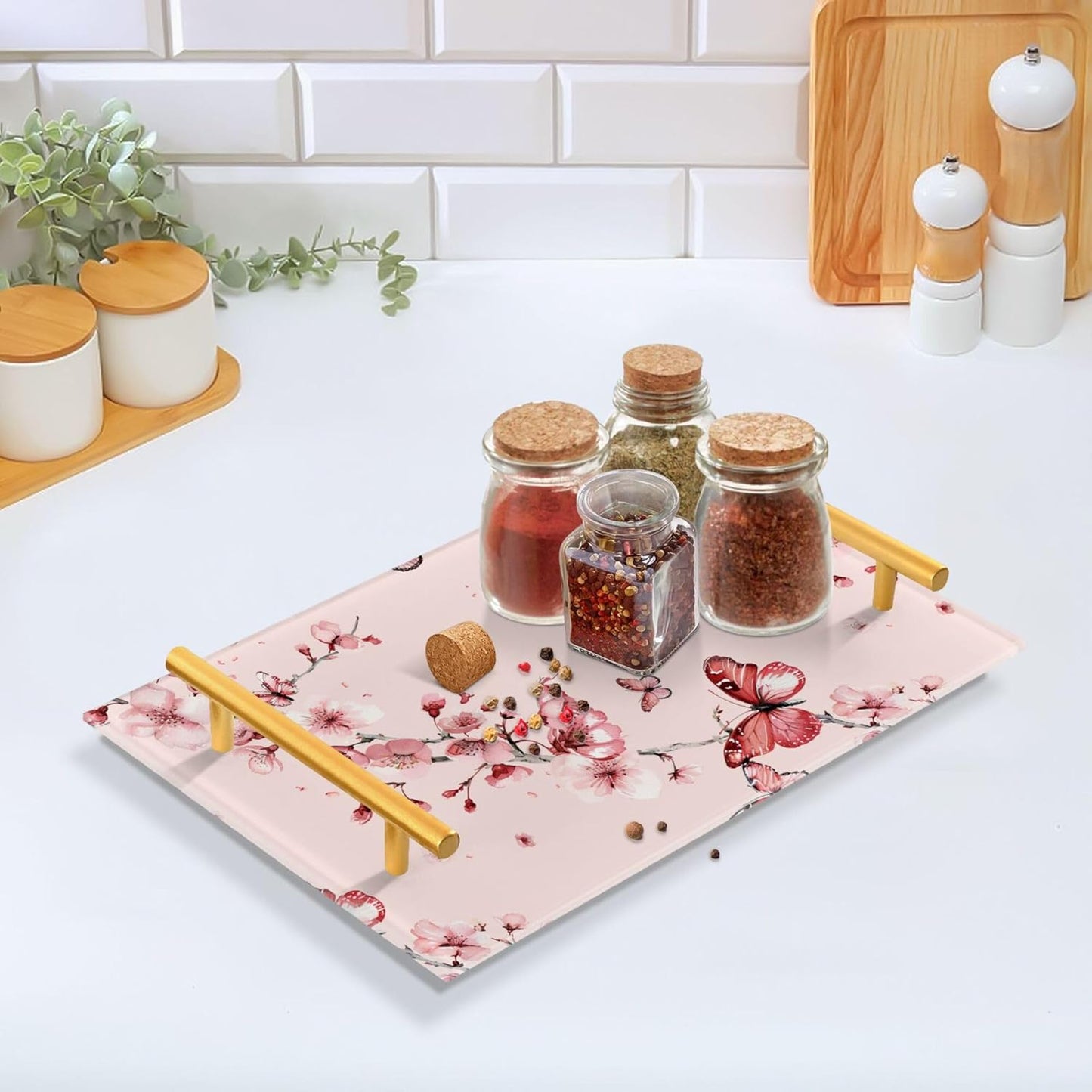 Pink Cherry Flowers Blossom Retro Decorative Tray with Handles Handled Serving Tray Eating Tray for Jewelry Perfume Living Room Kitchen Serving