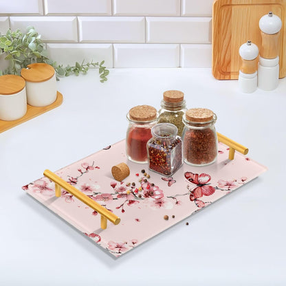 Pink Cherry Flowers Blossom Retro Decorative Tray with Handles Handled Serving Tray Eating Tray for Jewelry Perfume Living Room Kitchen Serving