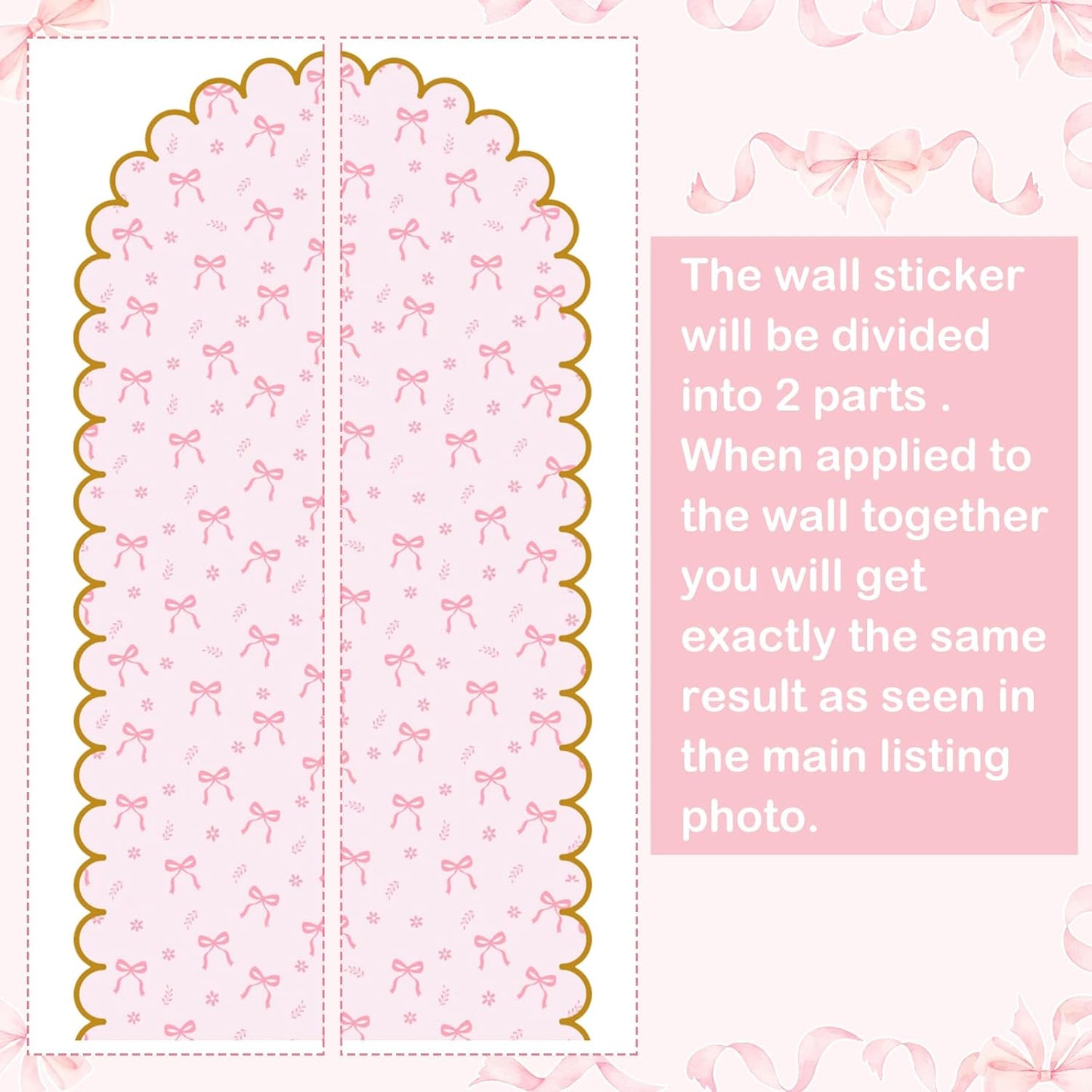 Leinuosen Pink Bow Arch Wall Decals Peel and Stick 58 x 30 Inch Large Bow Wallpaper Wall Decal Room Decor with Golden Scallop Frame Coquette Headboard Stickers for Nursery Bedroom Living Room