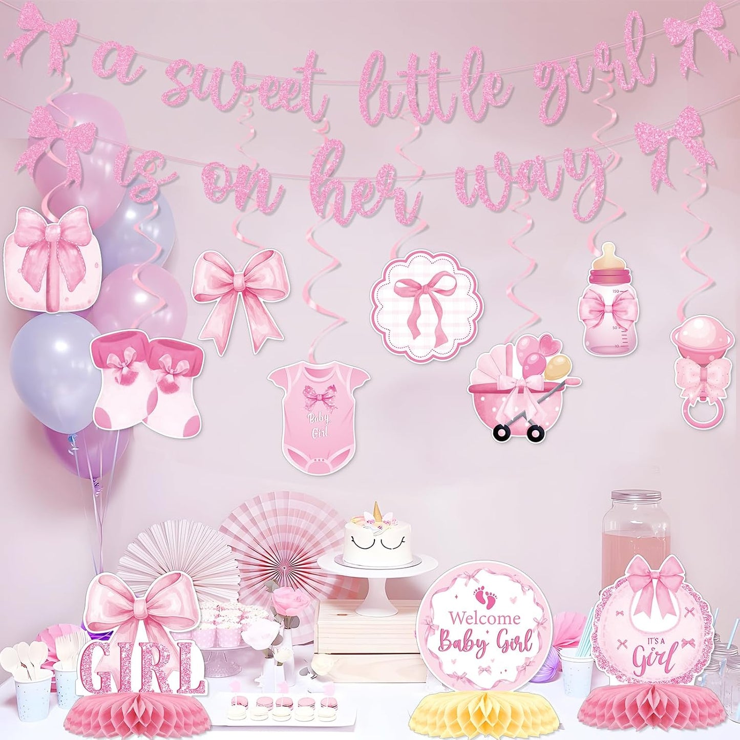 Pink Bow Baby Shower Decorations - Deorfuy 13Pcs a Sweet Little Girl is on Her Way Banners with Hanging Swirls Decoration Coquette Honeycomb Centerpiece Decor Supplies