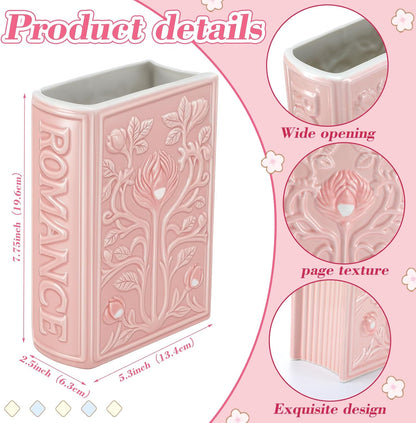 SiliFine Book Shaped Decorative Vases for Flowers Cute Ceramic Planter Home Decor Christmas Pink Flower Vase Bookshelf Dining Table Office Ornaments for Book Lovers Gifts