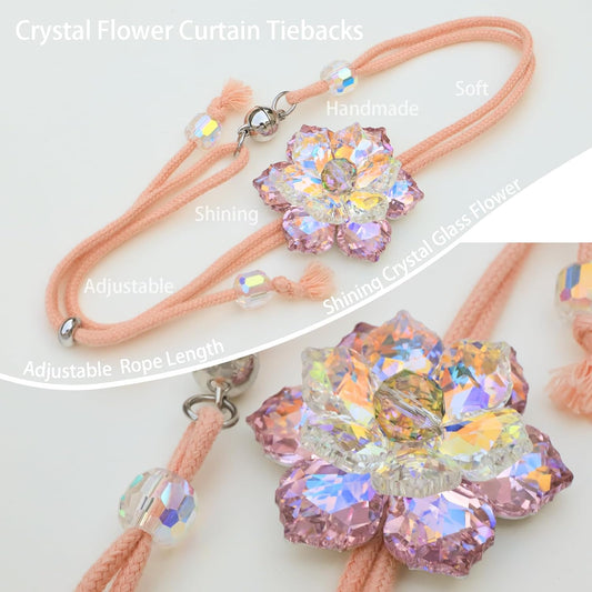 Magnetic Curtain Tiebacks, Crystal Flower Adjustable Rope Curtain Tie Backs, 2 Pack Boho Farmhouse Drapes Sheers Holdbacks for Window Home Decor (Pink)