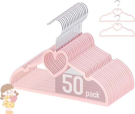 GOSCHE Kids Velvet Hangers (12.8 Inch - 50 Pack), Non-Slip Baby Clothes Hangers for Closet, Ultra Slim Space Saving Children Hanger, 360Degree Swivel-Hook, Infant/Toddler Hangers, Dark Pink