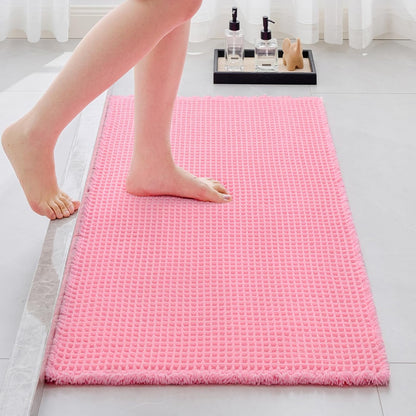 Waffle Bath Mat Non Slip Washable 32x20, Super Absorbent Quick Dry Boho Bathroom Rugs with Tassels, High Density Non Slip Backing, Luxury Carpet for Tub&Shower, Pink