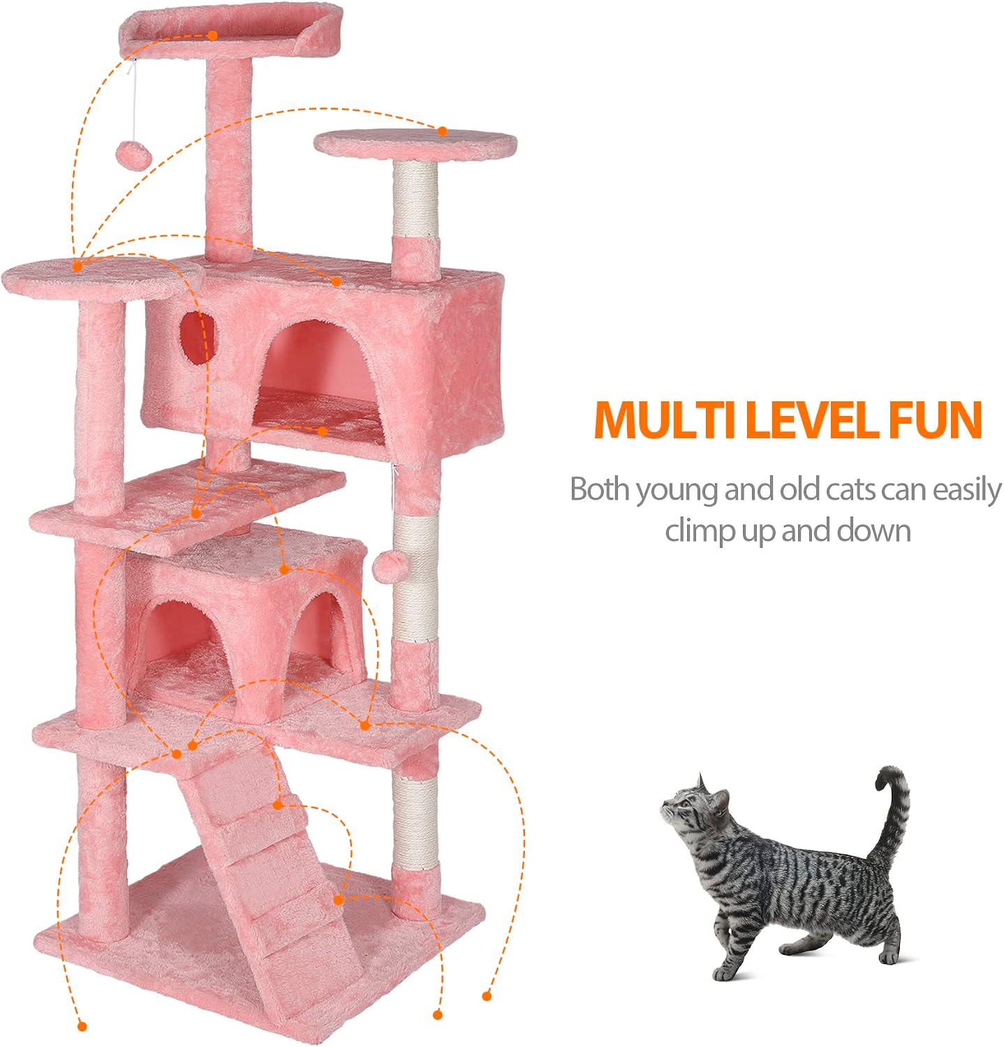 ZENY 54 Inch Cat Tree, Multi-Level Cat Condo with Scratching Post + 2 Play Houses, Pet Furniture in Pink