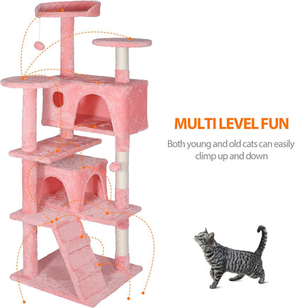 ZENY 54 Inch Cat Tree, Multi-Level Cat Condo with Scratching Post + 2 Play Houses, Pet Furniture in Pink