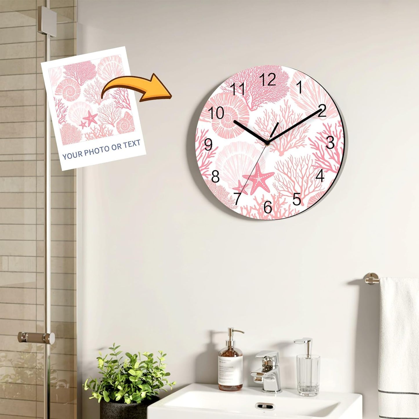 Abstract Wall Clock Battery Operated Non-Ticking 12" Round Wood Clocks, Coral Starfish Marine Pink Kitchen Wall Clock for School Bathroom Living Room Home Office Wall Decor