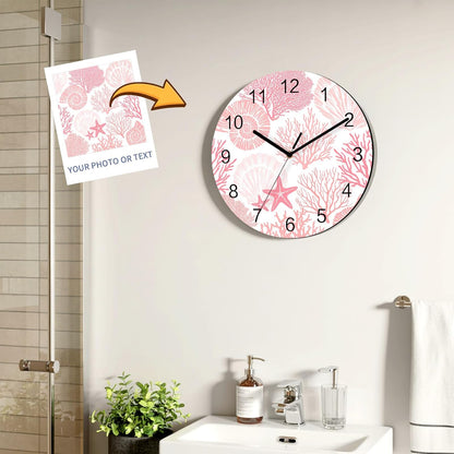 Abstract Wall Clock Battery Operated Non-Ticking 12" Round Wood Clocks, Coral Starfish Marine Pink Kitchen Wall Clock for School Bathroom Living Room Home Office Wall Decor