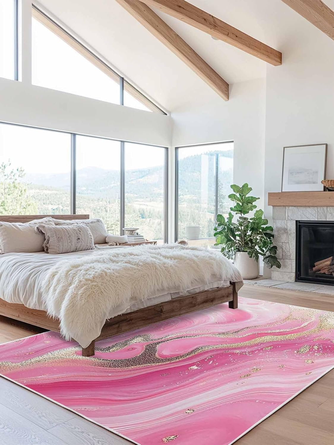 2.7'x5' Area Rugs Living Room Rug Minimalist Style Modern Pink Waves Washable Soft Fluffy Large Rug Abstract Art Non-Slip Floor Carpet for Bedroom Home Decor