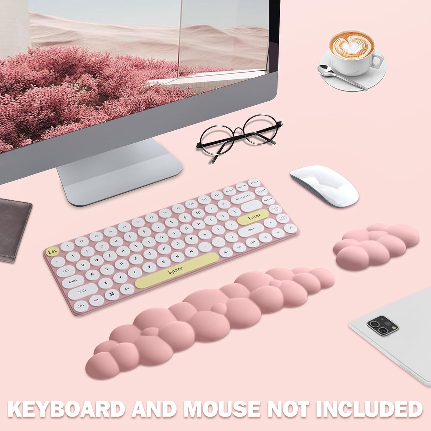 Cloud Keyboard Wrist Rest Mouse Pad Set, PU Leather Memory Foam Wrist Cushion Support, Mouse Wrist Pad, Non-Slip Wrist Support for Home, Office, Light Pink Cloud