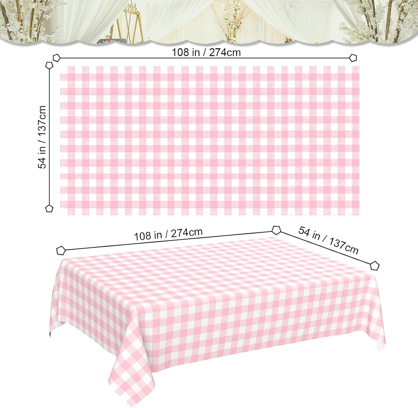 2 Pcs Pink Gingham Tablecloth, Disposable Plastic Pink Checkered Table Cloth, Pink & White Plaid Table Cover for Outdoor Picnic, Wedding, Baby & Bridal Shower, Birthday Party (54 x 108 Inch)