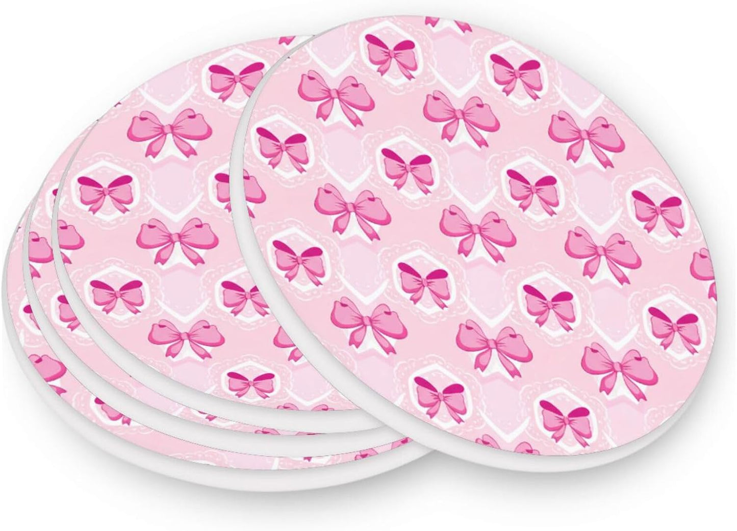 Kigai Light Pink Bows Coaster, Absorbent Drink Coaster Set of 4, Table Coasters for Decor