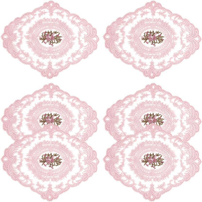 BENECREAT 6pcs 8.43 Inch Pink Retro Lace Placemats, 10.47 Inch Oval Embroidered Table Mats Lace Doily for Home Wedding Coasters Cup