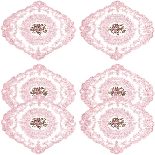 BENECREAT 6pcs 8.43 Inch Pink Retro Lace Placemats, 10.47 Inch Oval Embroidered Table Mats Lace Doily for Home Wedding Coasters Cup