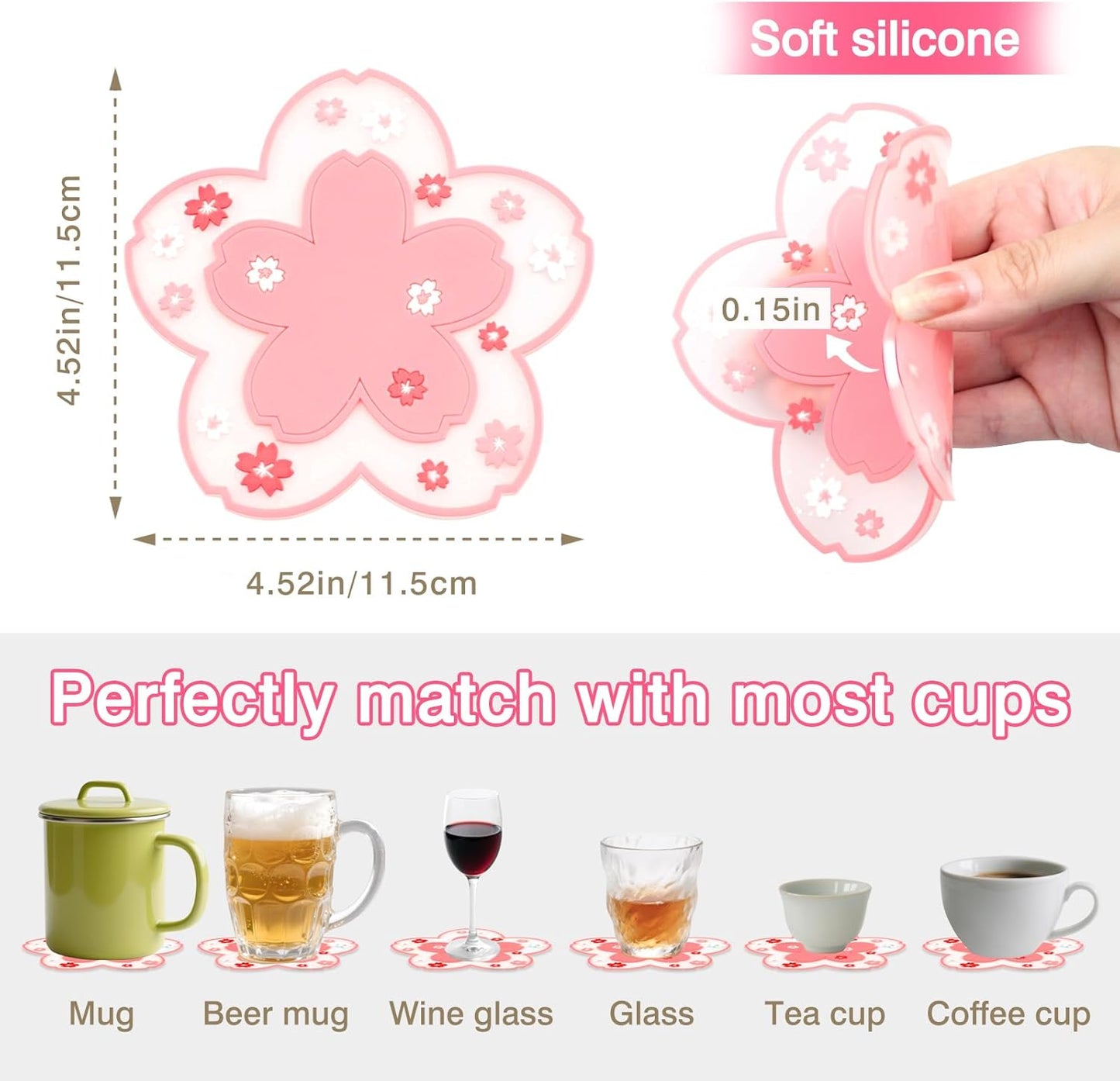 2-Pack Sakura Cherry Blossom Coasters – Cute Kawaii Pink & White Flower Cup Mats, Anti-Skid PVC Drink Coasters for Desk, Table, Tea Mug – Aesthetic Home & Office Decor