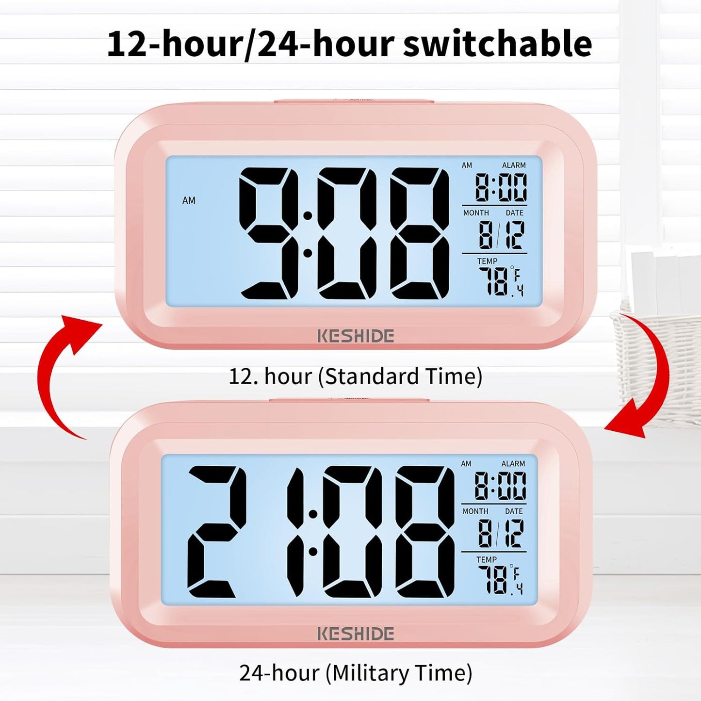 Night Light Digital Alarm Clock Battery Operated with Indoor Temperature, Desk Small Clock,Snooze Model,12/24H Display for Bedrooms Heavy Sleepers Kids Travel Bathroom (Pink)