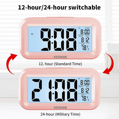 Night Light Digital Alarm Clock Battery Operated with Indoor Temperature, Desk Small Clock,Snooze Model,12/24H Display for Bedrooms Heavy Sleepers Kids Travel Bathroom (Pink)