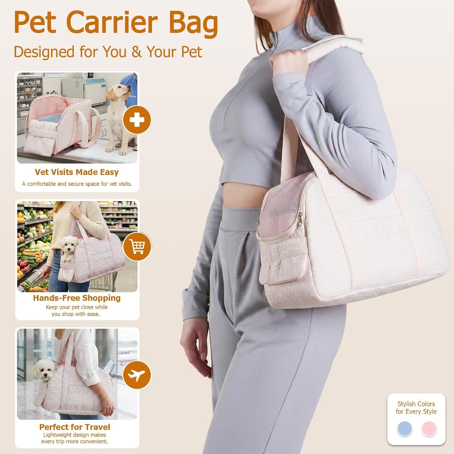 Dog Carrier Tote Bag for Small Cats Dogs, Foldable Soft-Sided Lightweight Pet Travel Carrier, Fits Pets up to 15 lbs (Pink)